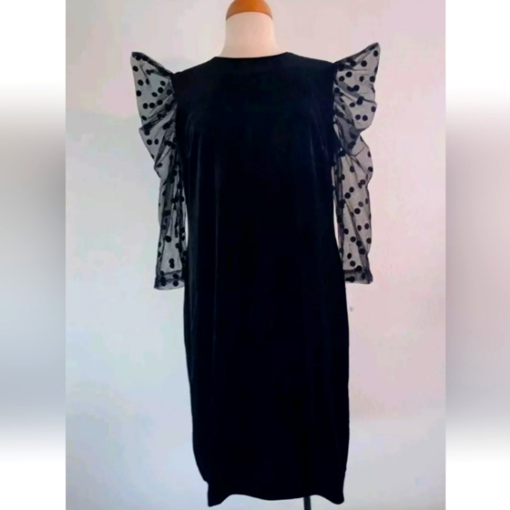 Julie Jordan Black Velvet, Polka Dot Sheer Sleeves Shift Dress Women's 12 NWT